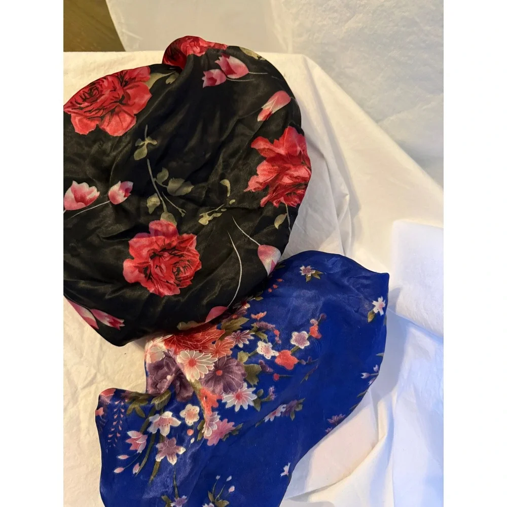 Set of 2 Floral Satin Hair Bonnets Black Red Rose‎ and Blue Blossom Sleep Cap